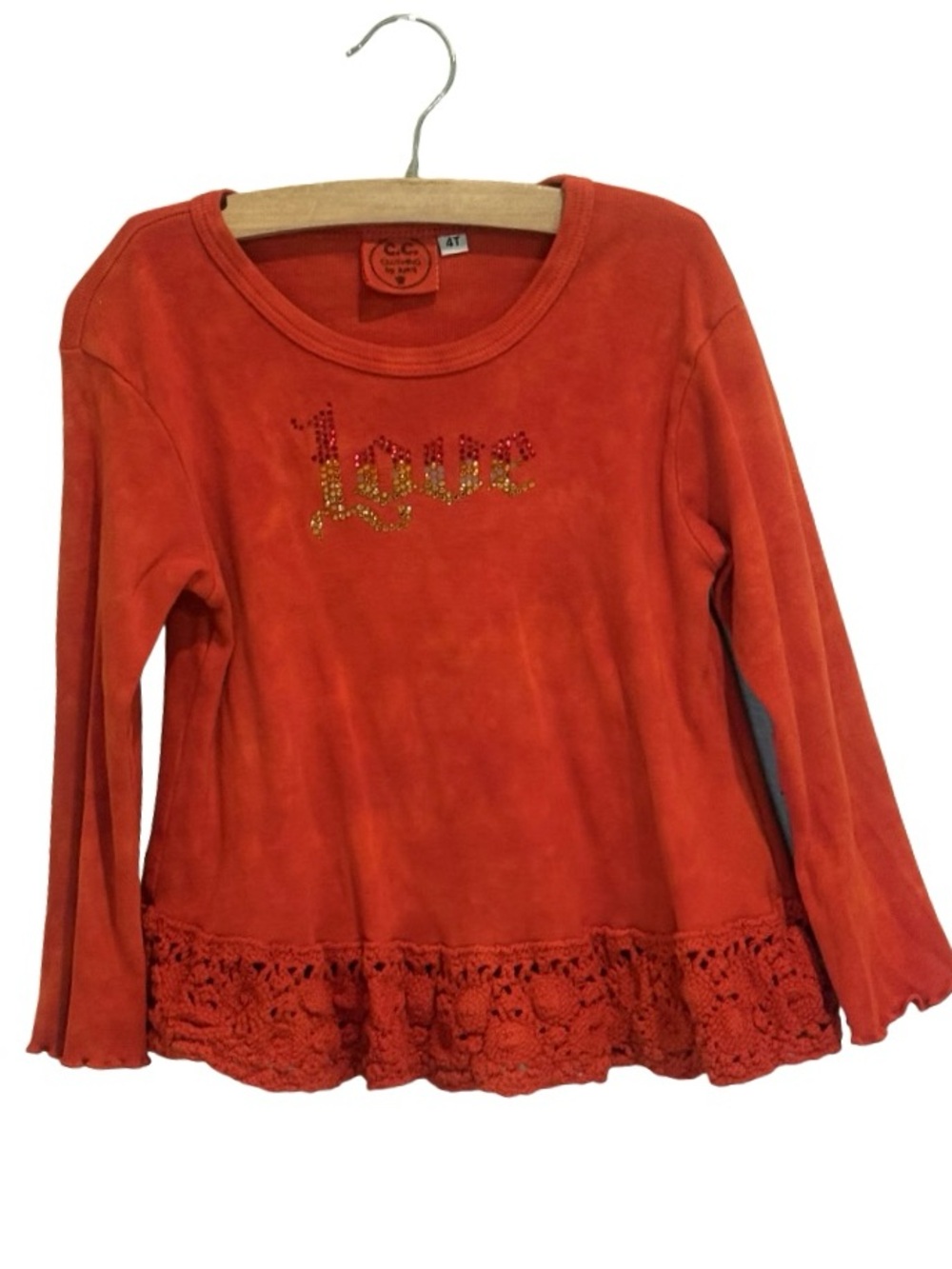 C.C. Exclusives Red Rhinestone Love Crochet Long Sleeve Lace Top Toddler 4T EUC
